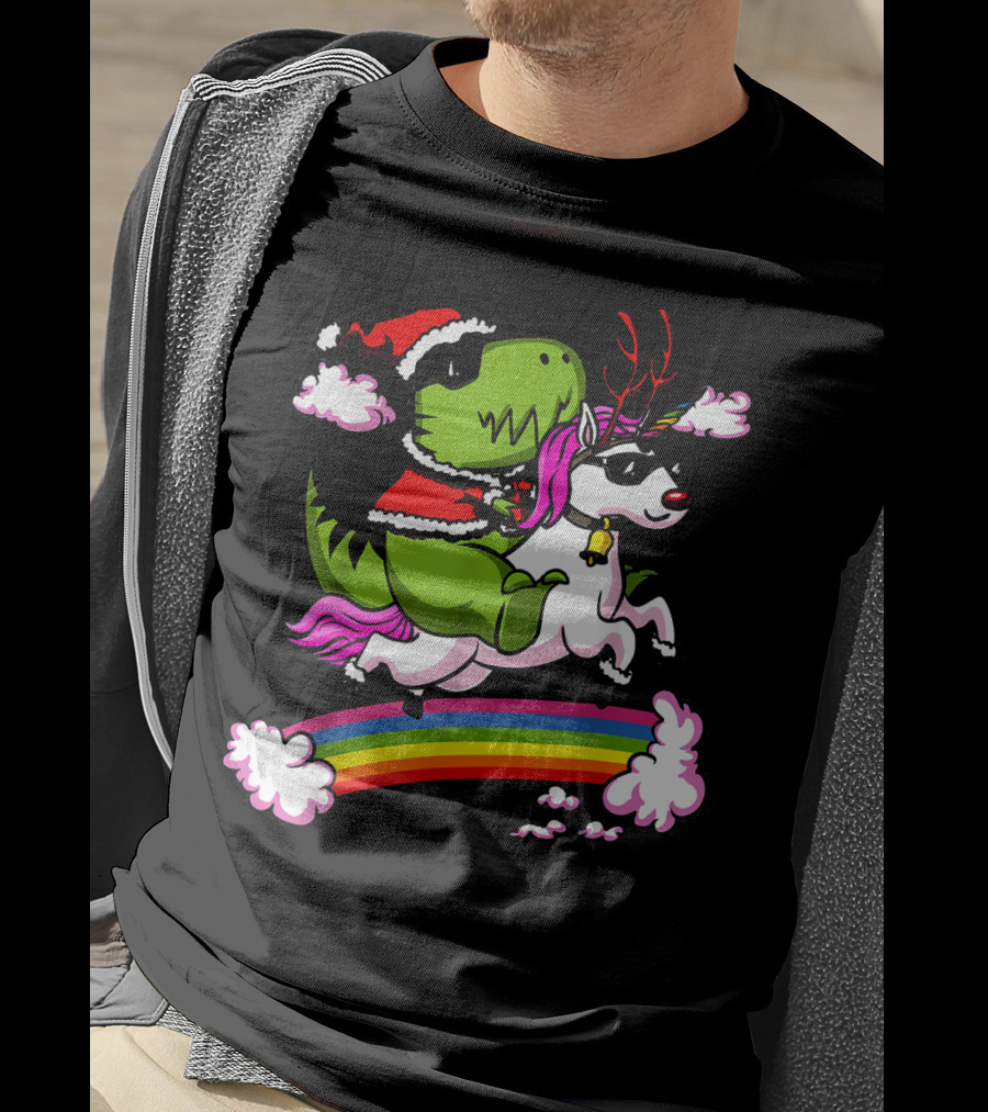 T Rex Dinosaur Santa Riding Unicorn Rainbow Cloud Adventure T-Shirt