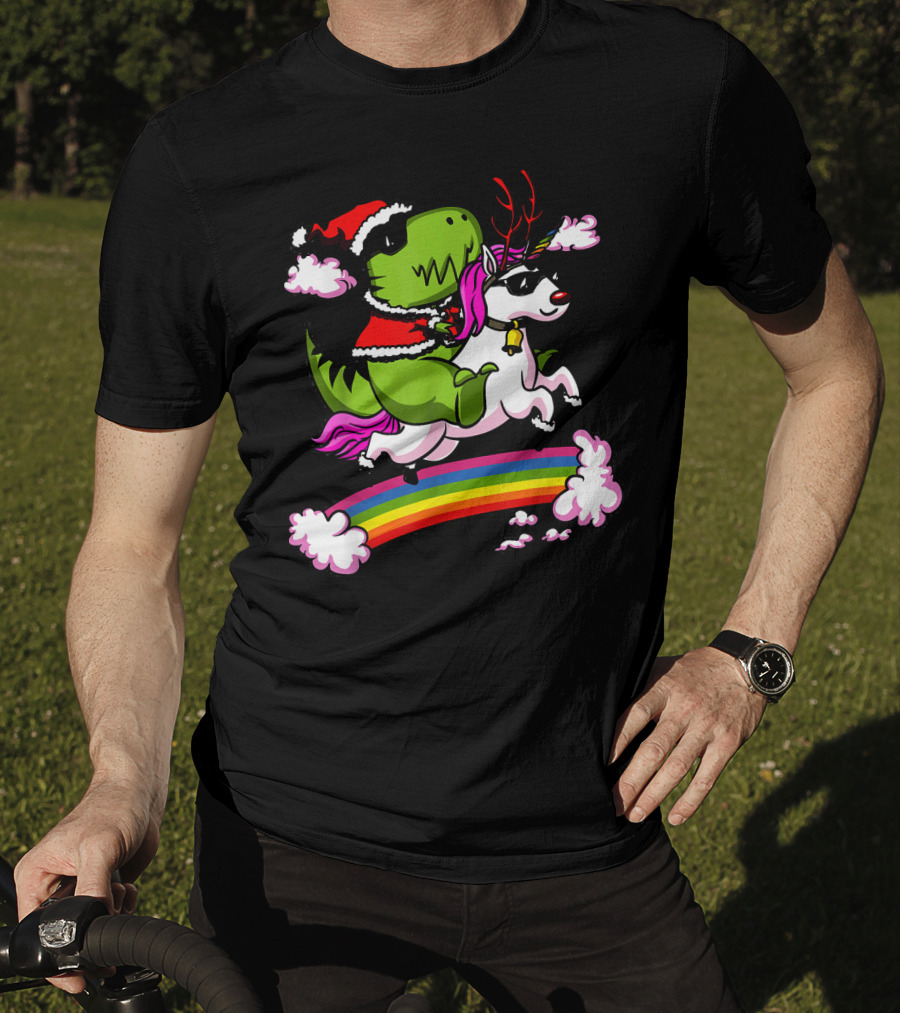 T Rex Dinosaur Santa Riding Unicorn Rainbow Cloud Adventure T-Shirt