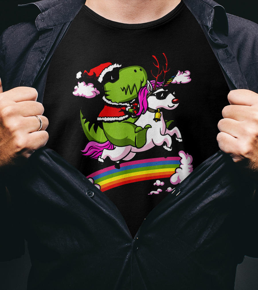 T Rex Dinosaur Santa Riding Unicorn Rainbow Cloud Adventure T-Shirt