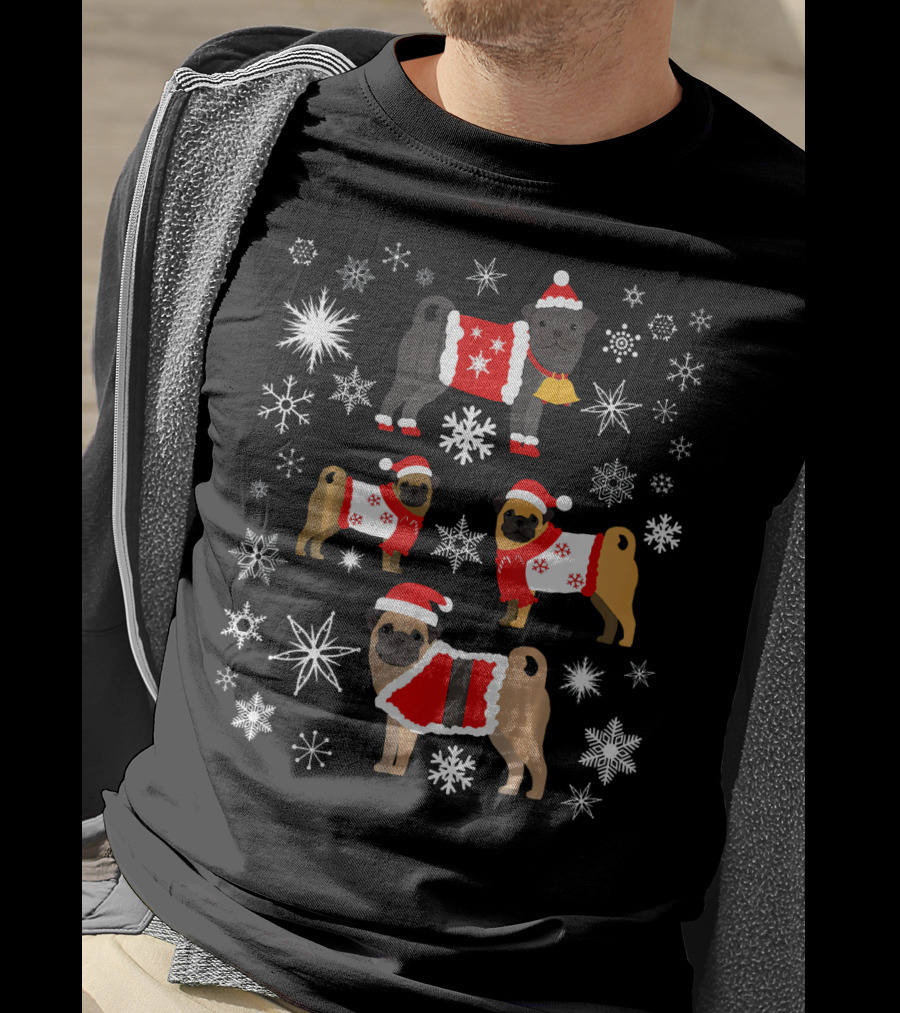 Pug Christmas Snowflakes Sweaters Santa Hats Holiday T-Shirt