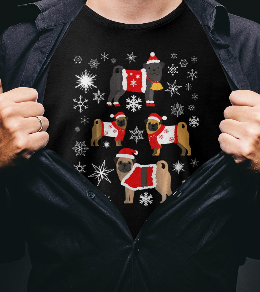 Pug Christmas Snowflakes Sweaters Santa Hats Holiday T-Shirt