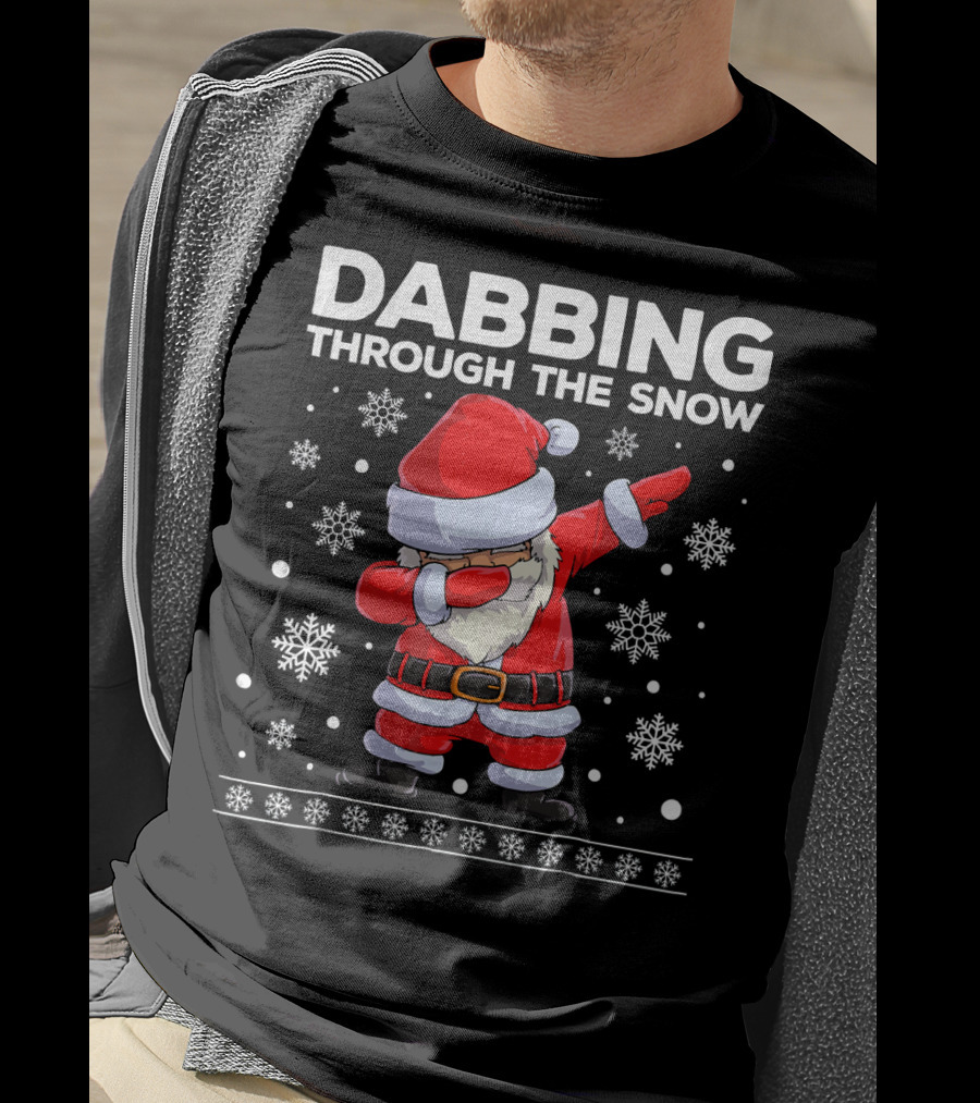 Boys Christmas Dabbing Santa Through The Snow With Snowflakes T-Shirt