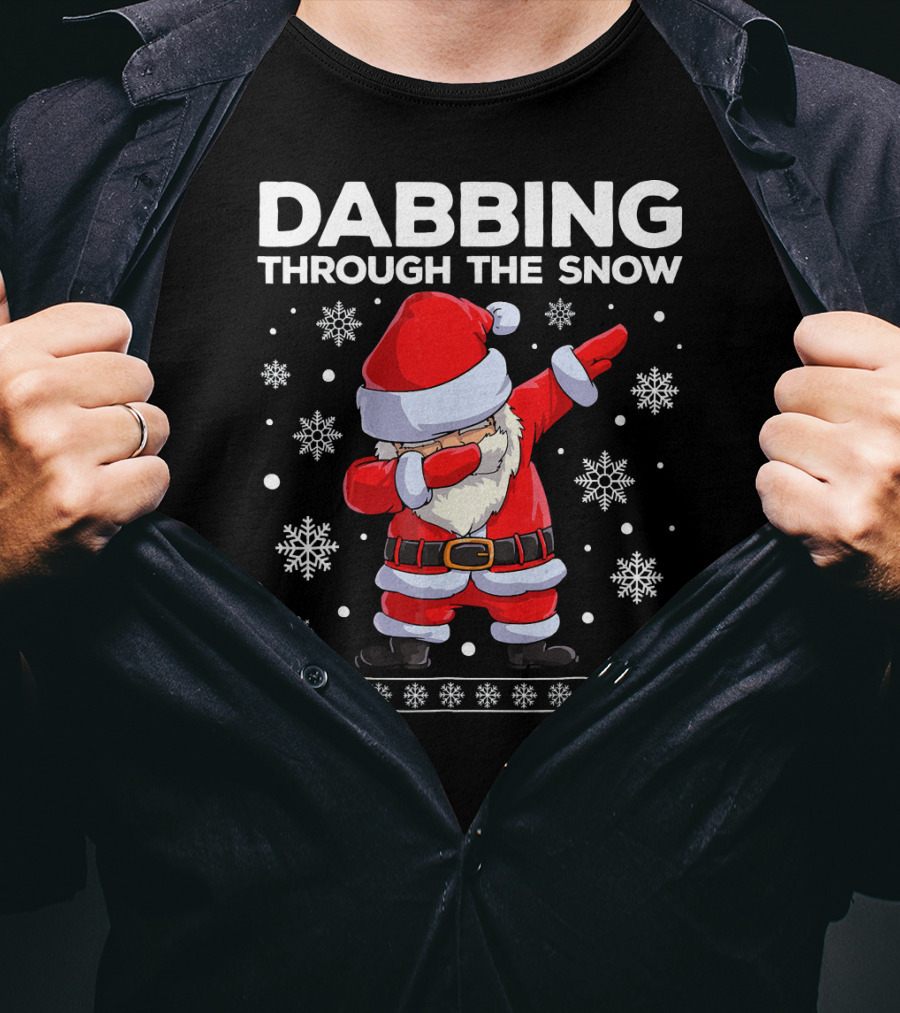 Boys Christmas Dabbing Santa Through The Snow With Snowflakes T-Shirt