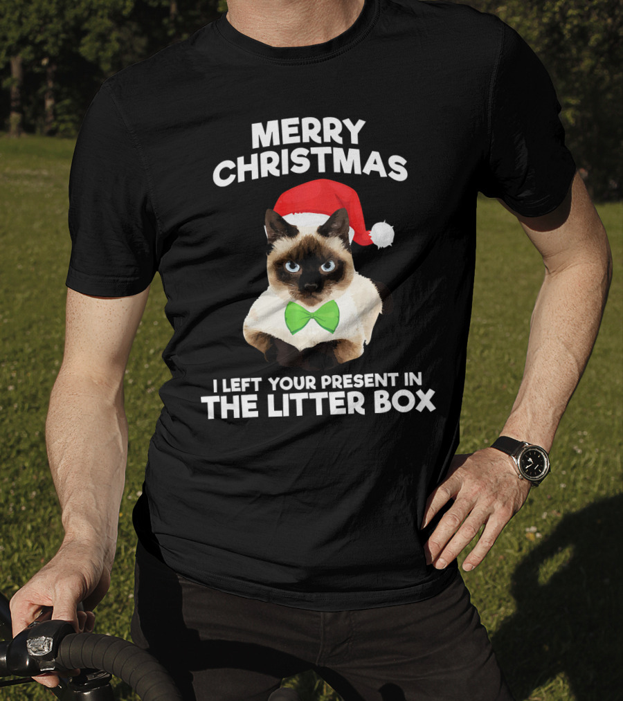 Merry Christmas I Left Your Present In The Litter Box Cat Santa Hat Bow Tie T-Shirt