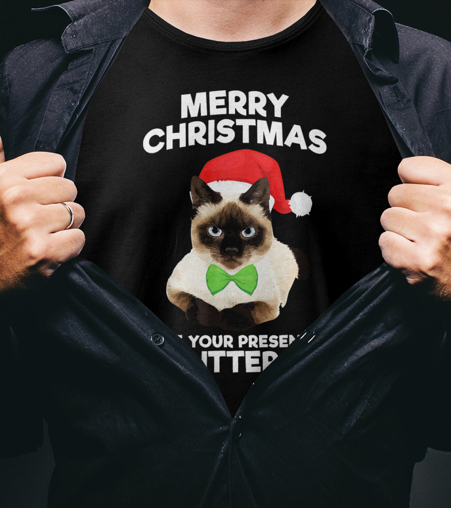Merry Christmas I Left Your Present In The Litter Box Cat Santa Hat Bow Tie T-Shirt