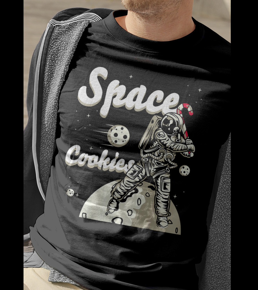 Space Cookies Xmas Weed Astronaut With Candy Cane On Moon T-Shirt