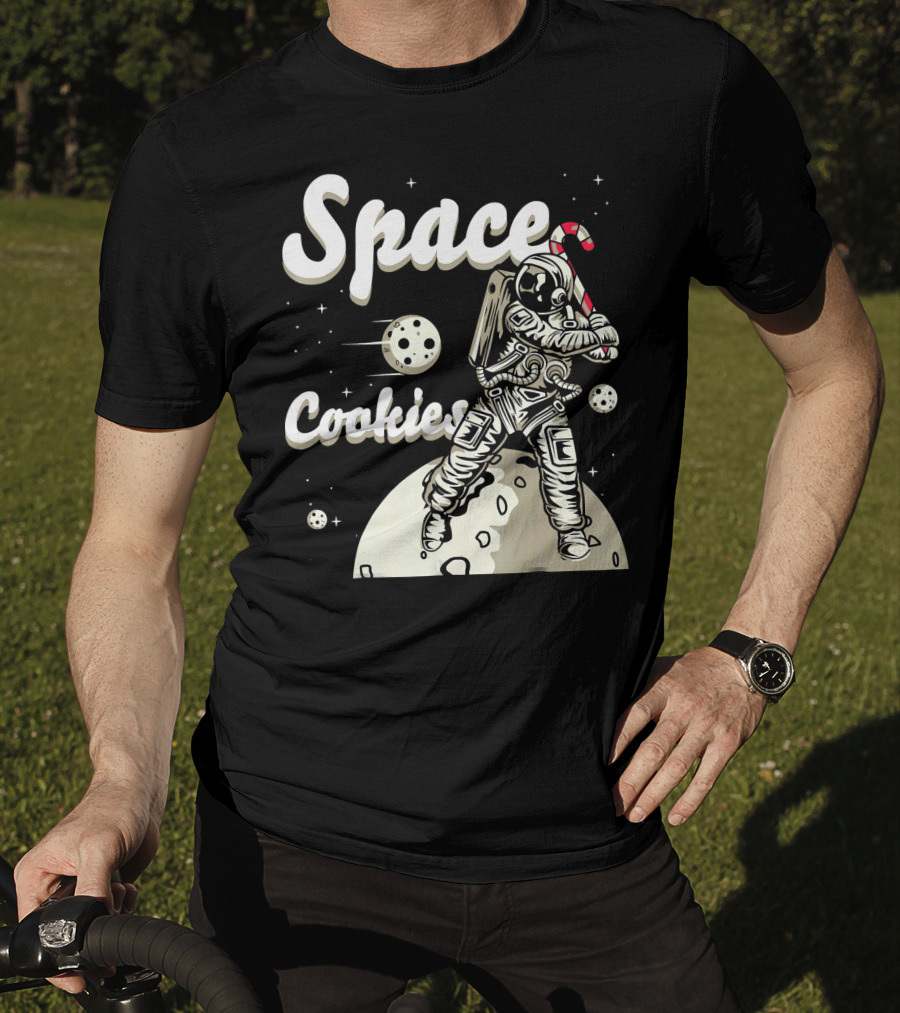 Space Cookies Xmas Weed Astronaut With Candy Cane On Moon T-Shirt
