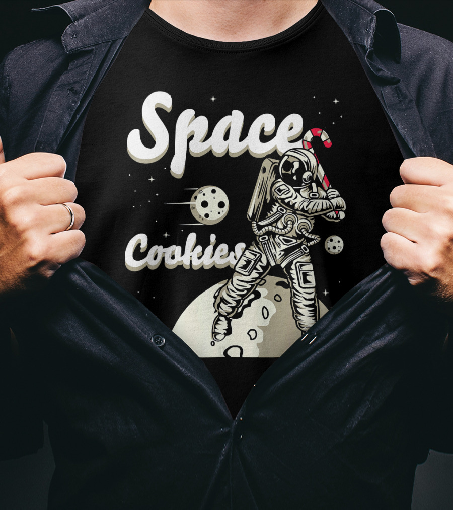 Space Cookies Xmas Weed Astronaut With Candy Cane On Moon T-Shirt