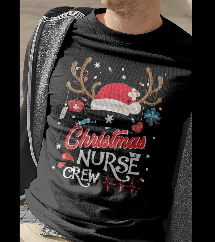 Christmas Nurse Crew Antlers Santa Hat Medical Elements T-Shirt