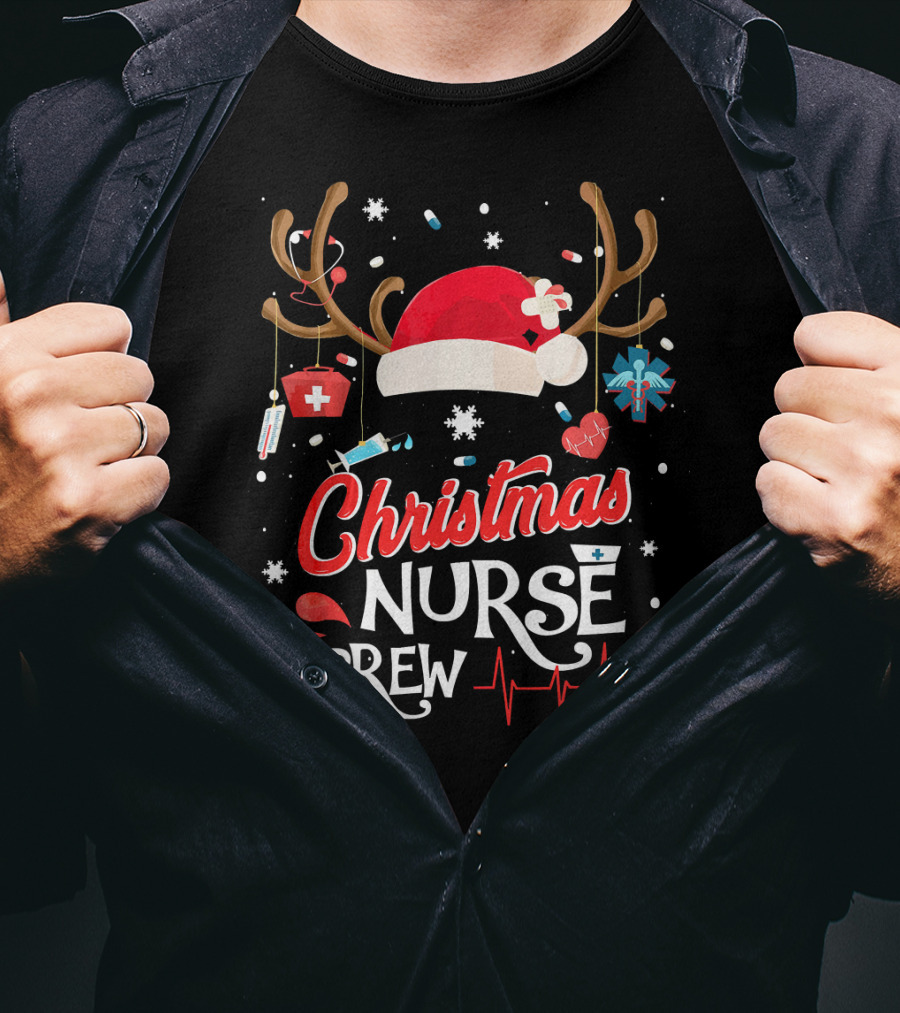 Christmas Nurse Crew Antlers Santa Hat Medical Elements T-Shirt