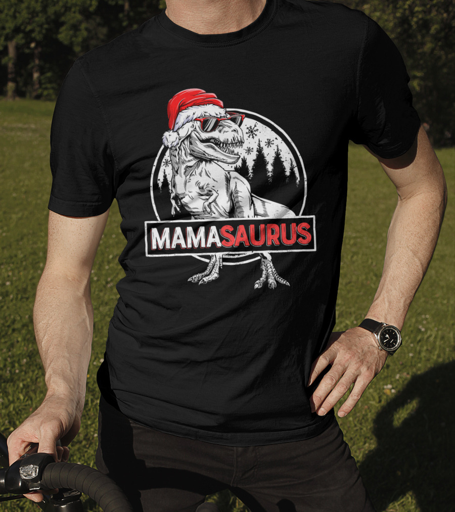 Mamasaurus Dinosaur Christmas Santa Hat Sunglasses T-Shirt
