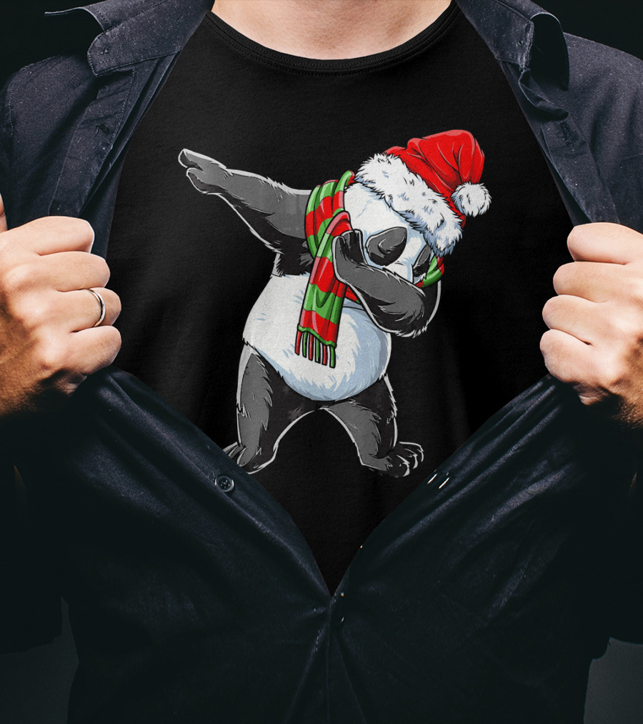 Panda Dabbing Santa Hat Red Green Scarf T-Shirt