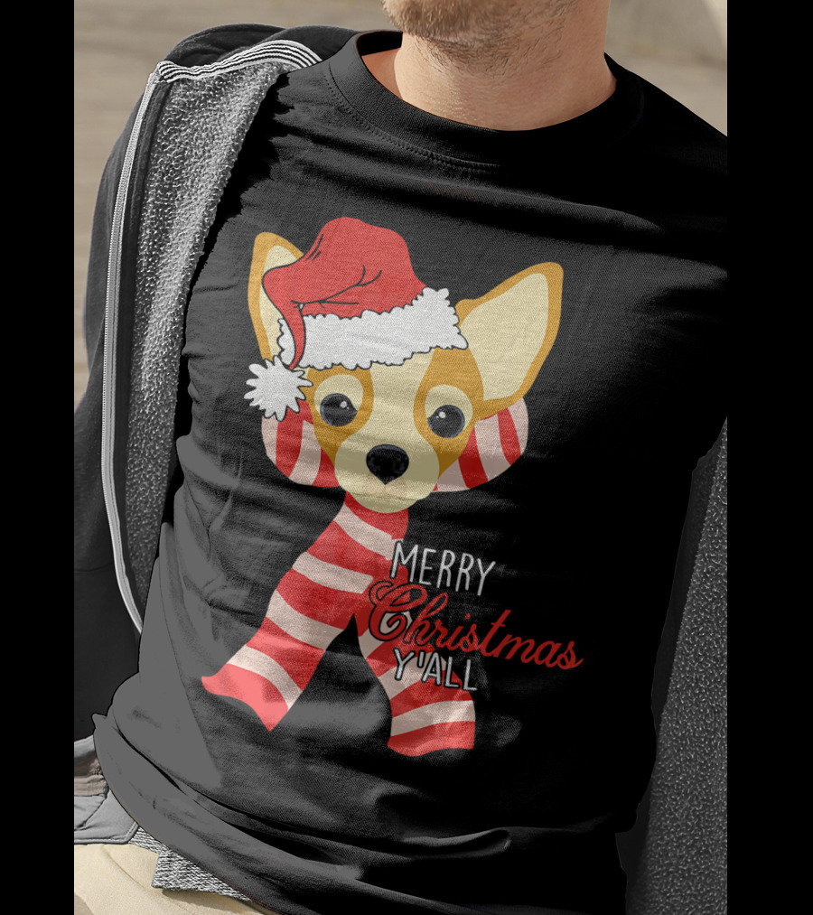 Merry Christmas Y'all Chihuahua Dog With Santa Hat And Scarf T-Shirt