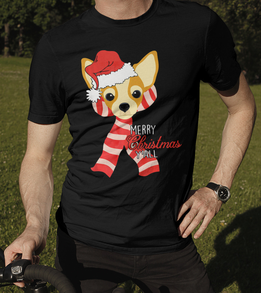 Merry Christmas Y'all Chihuahua Dog With Santa Hat And Scarf T-Shirt