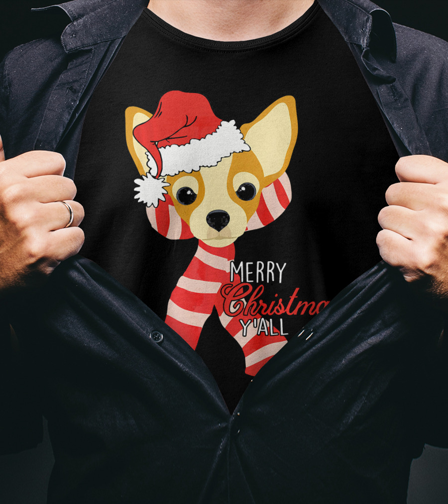 Merry Christmas Y'all Chihuahua Dog With Santa Hat And Scarf T-Shirt