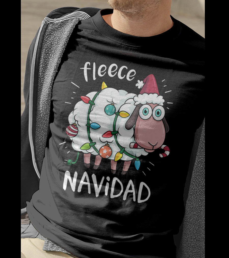 Fleece Navidad Funny Cute Sheep With Christmas Lights And Santa Hat T-Shirt