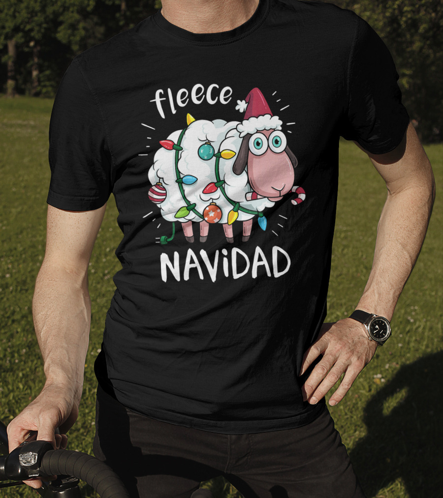 Fleece Navidad Funny Cute Sheep With Christmas Lights And Santa Hat T-Shirt