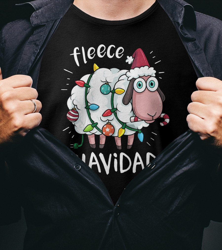 Fleece Navidad Funny Cute Sheep With Christmas Lights And Santa Hat T-Shirt