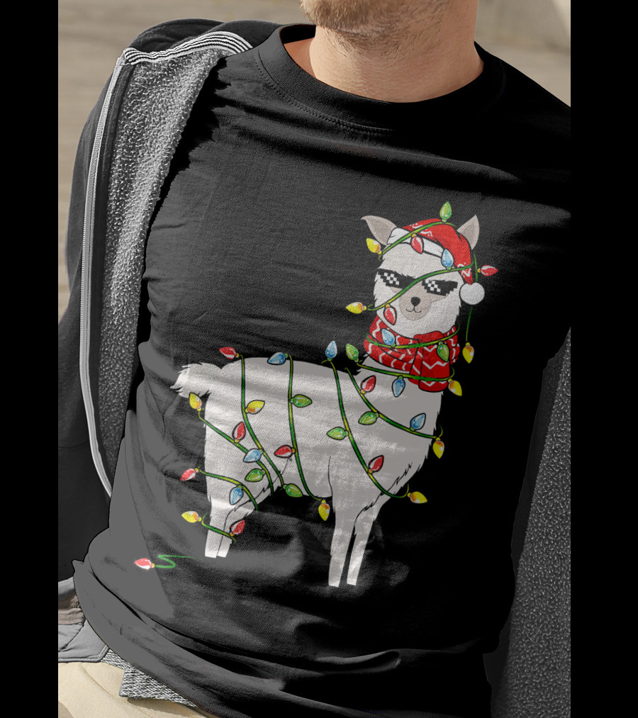 Llama Wrapped In Christmas Lights Wearing Santa Hat And Scarf T-Shirt
