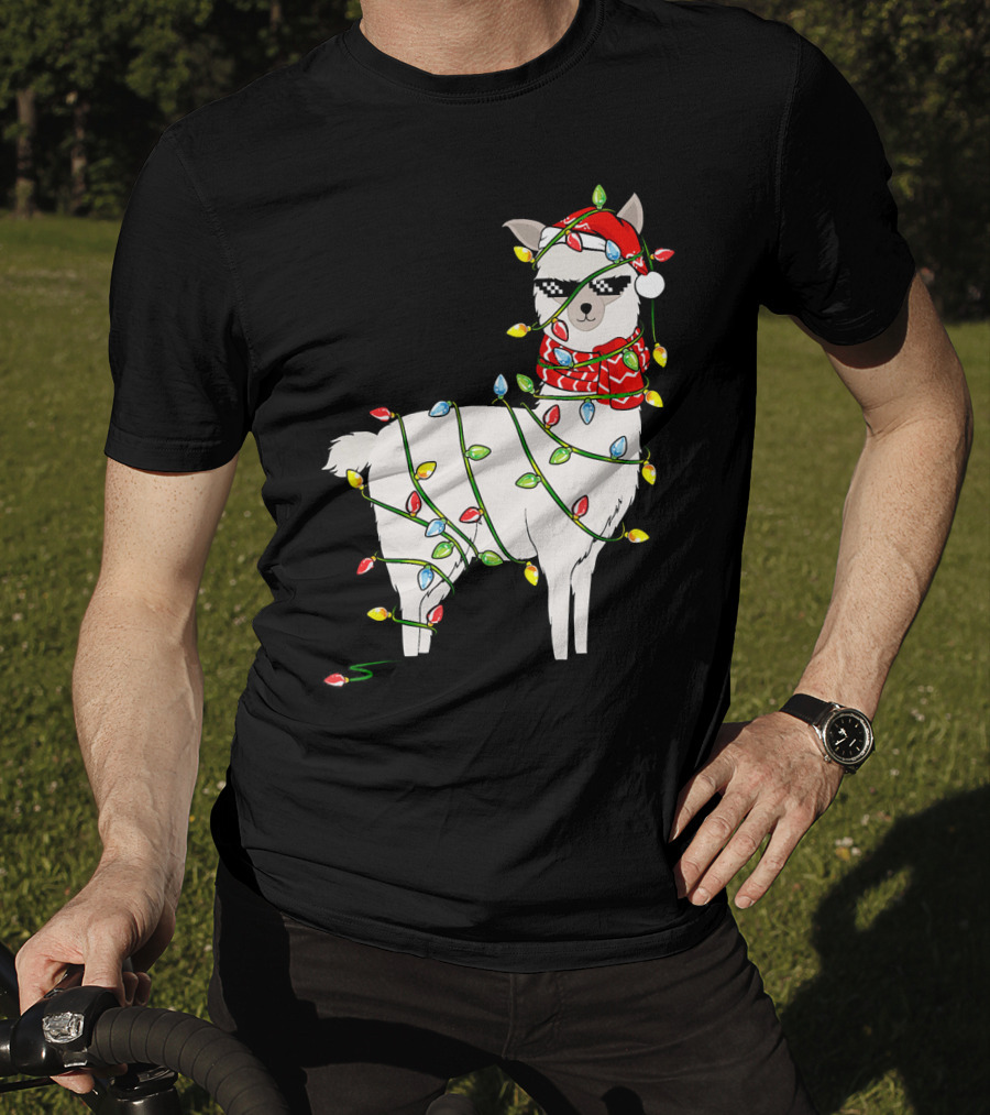 Llama Wrapped In Christmas Lights Wearing Santa Hat And Scarf T-Shirt