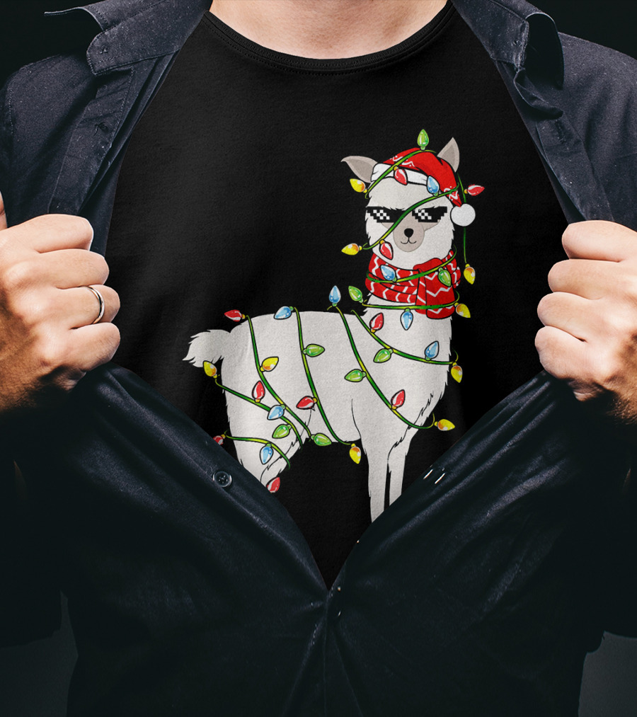 Llama Wrapped In Christmas Lights Wearing Santa Hat And Scarf T-Shirt