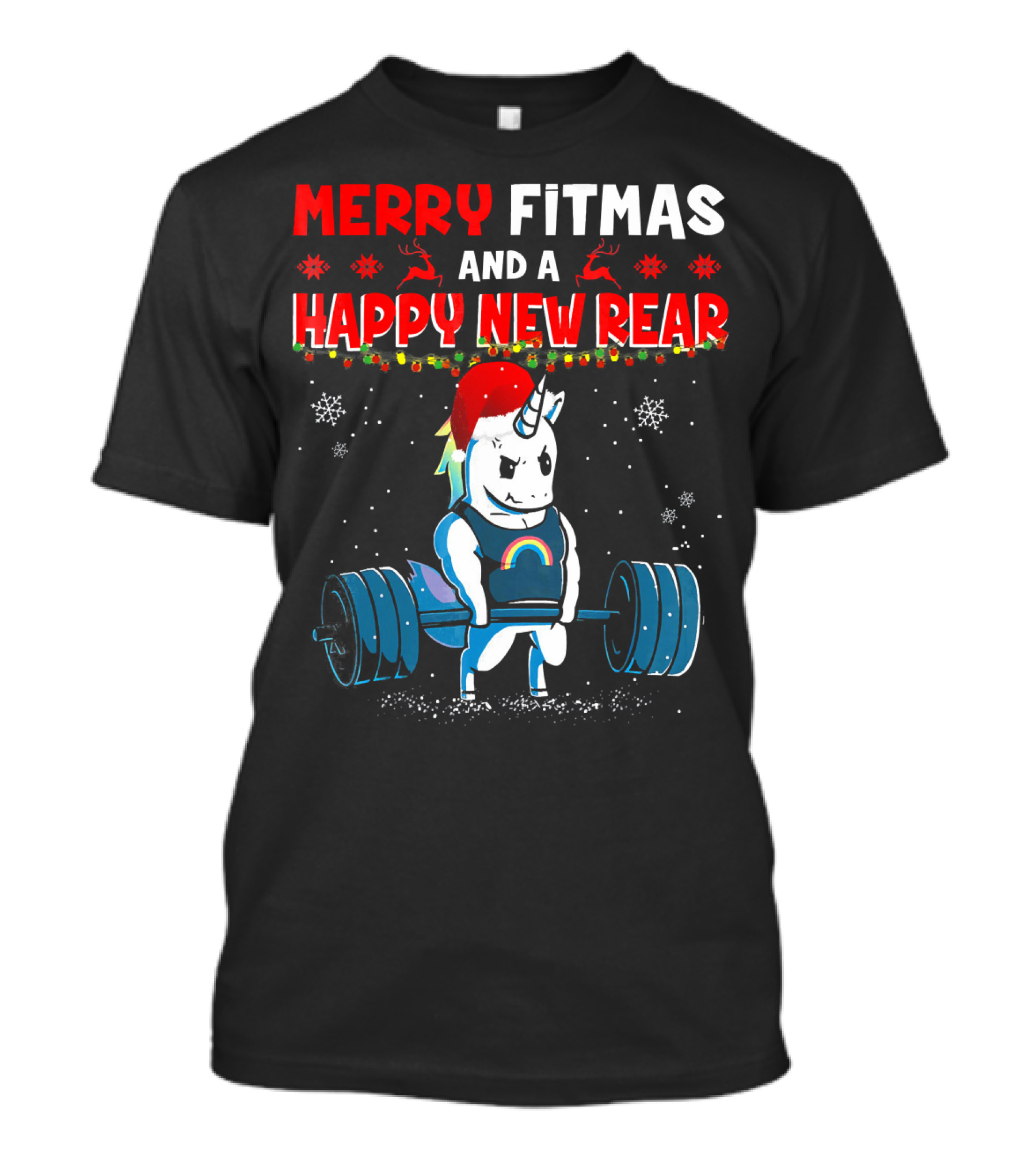 Merry Fitmas And A Happy New Rear Unicorn Weightlifting Santa Hat Snowflakes T-Shirt