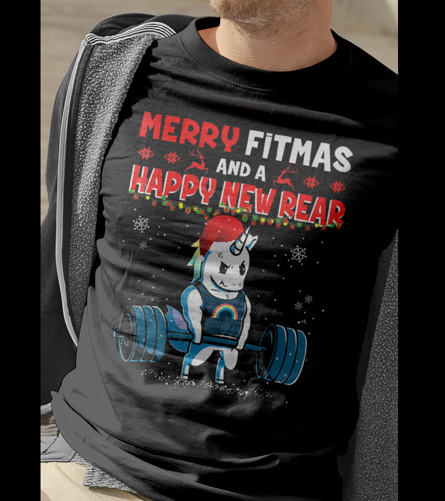 Merry Fitmas And A Happy New Rear Unicorn Weightlifting Santa Hat Snowflakes T-Shirt