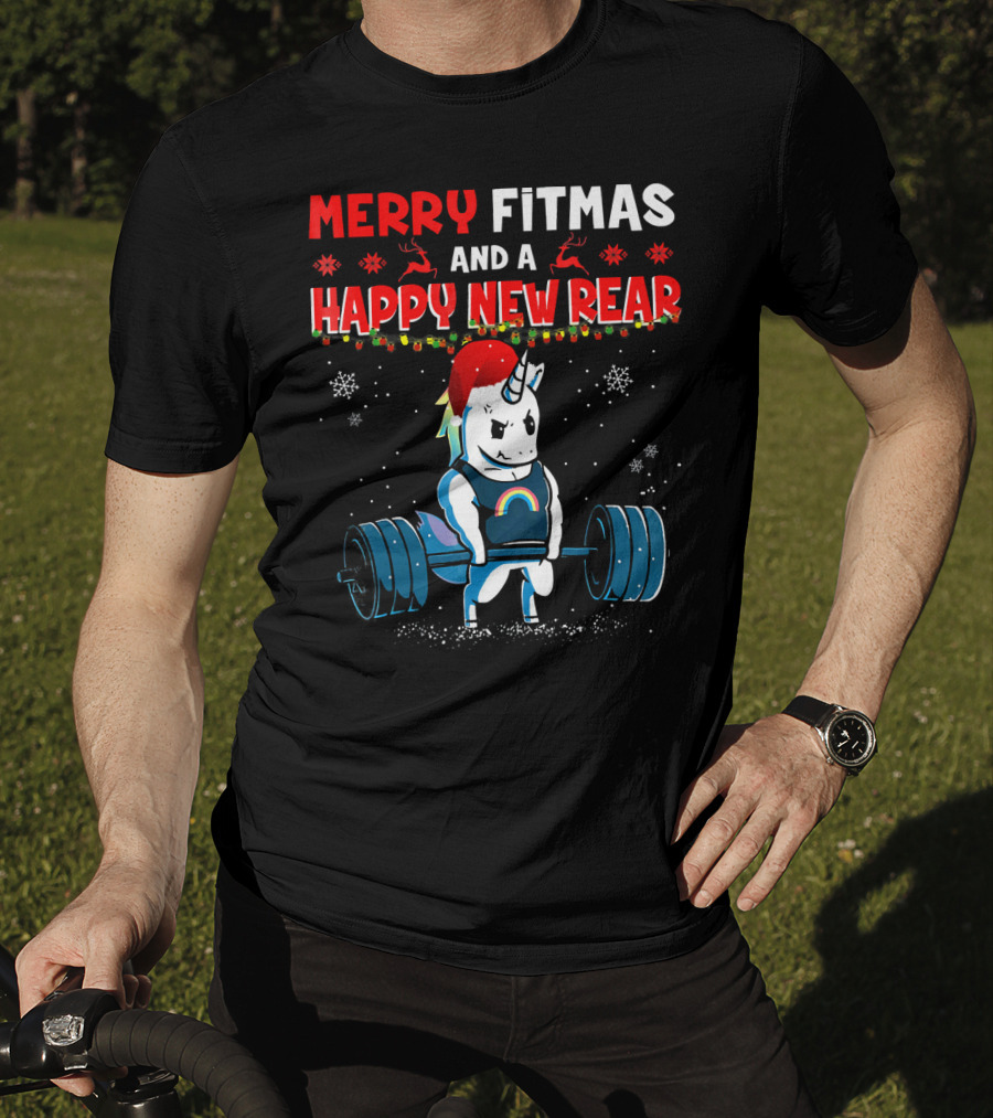 Merry Fitmas And A Happy New Rear Unicorn Weightlifting Santa Hat Snowflakes T-Shirt
