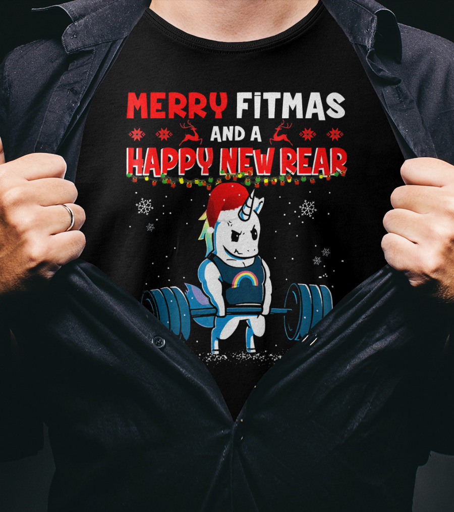 Merry Fitmas And A Happy New Rear Unicorn Weightlifting Santa Hat Snowflakes T-Shirt