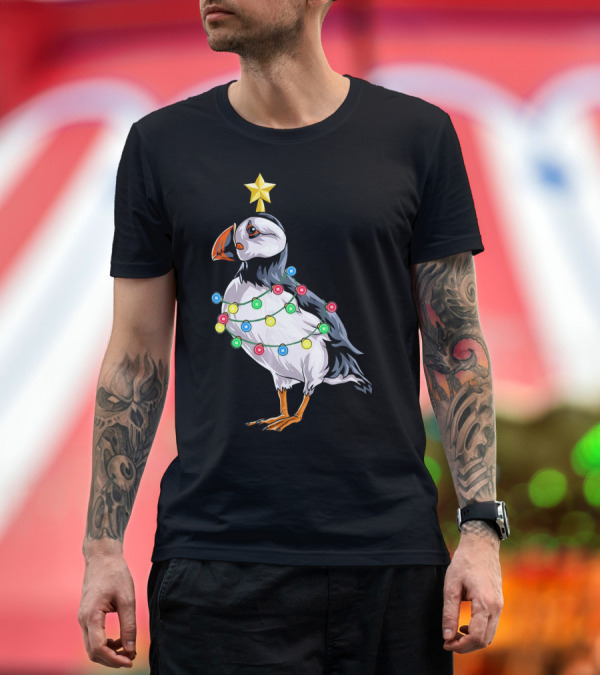 Premium T-Shirt: Puffin Bird Wrapped in Christmas Lights with Star T-Shirt Puffin Bird Wrapped in Christmas Lights with Star T-Shirt