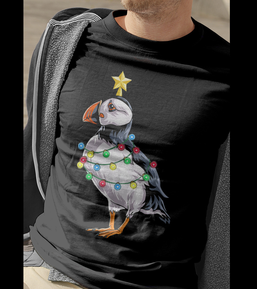 Puffin Bird Wrapped In Christmas Lights With Star T-Shirt