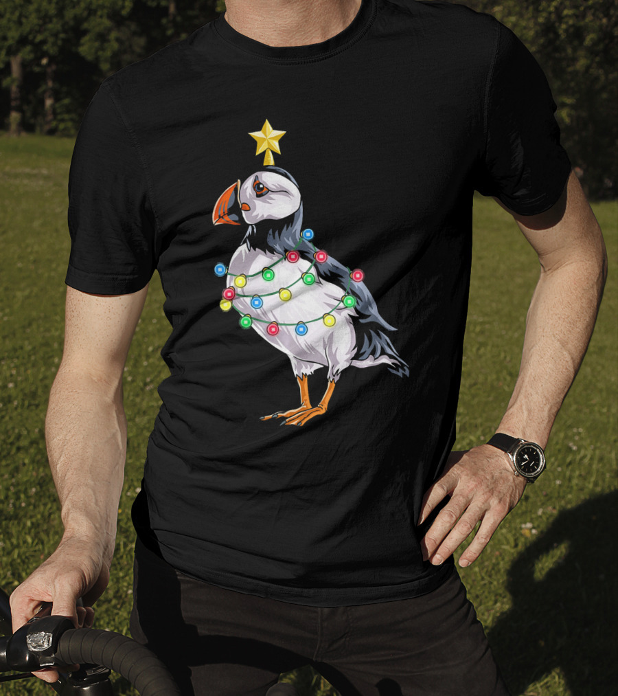 Puffin Bird Wrapped In Christmas Lights With Star T-Shirt