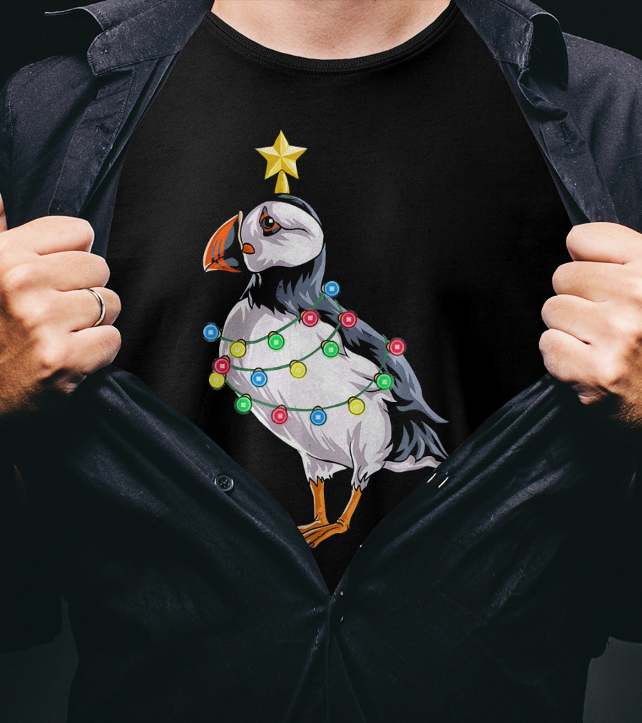 Puffin Bird Wrapped In Christmas Lights With Star T-Shirt