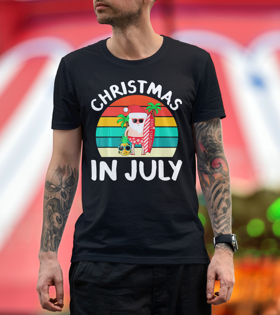 Christmas In July Vintage Santa Tropical Surfboard Merry Christmas T-Shirt