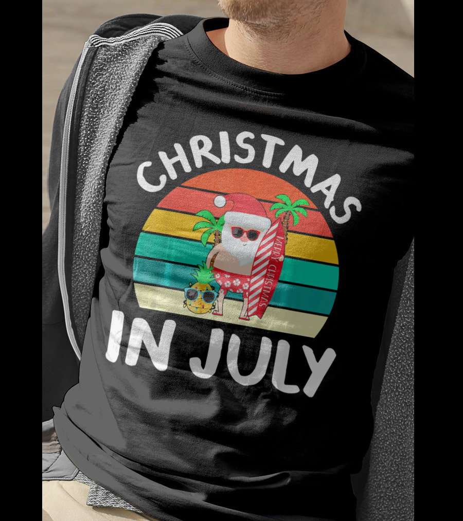 Christmas In July Vintage Santa Tropical Surfboard Merry Christmas T-Shirt