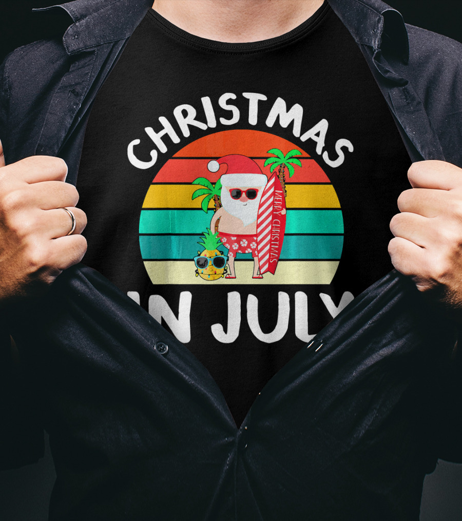 Christmas In July Vintage Santa Tropical Surfboard Merry Christmas T-Shirt