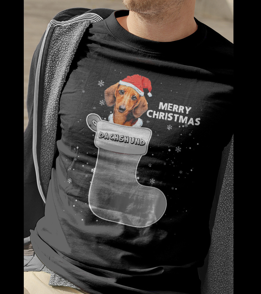 Dachshund Merry Christmas Sock Santa Hat T-Shirt
