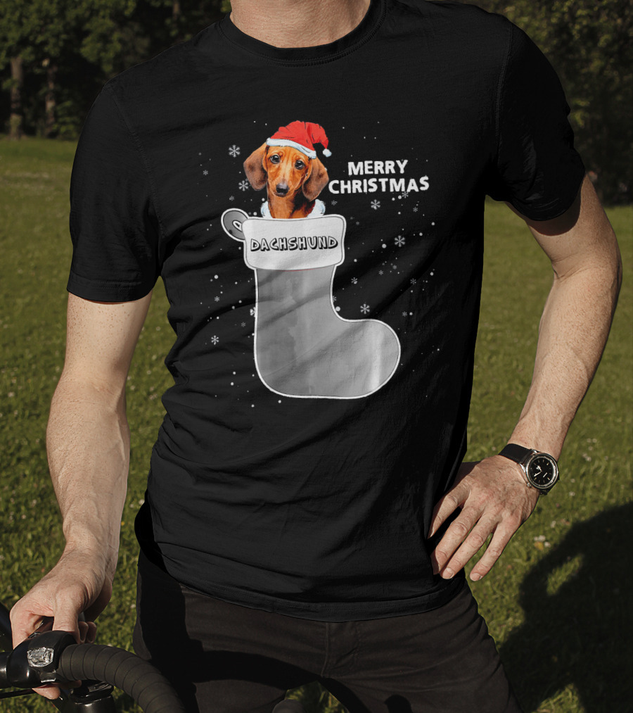 Dachshund Merry Christmas Sock Santa Hat T-Shirt