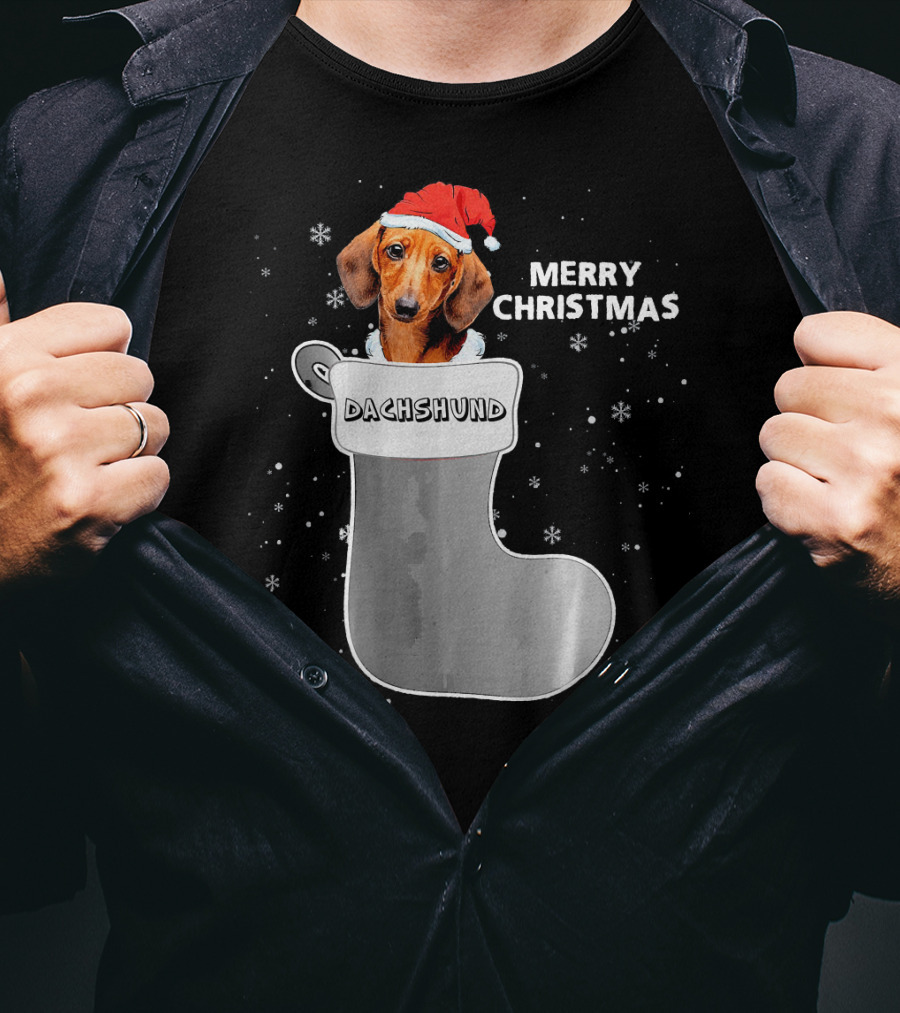 Dachshund Merry Christmas Sock Santa Hat T-Shirt