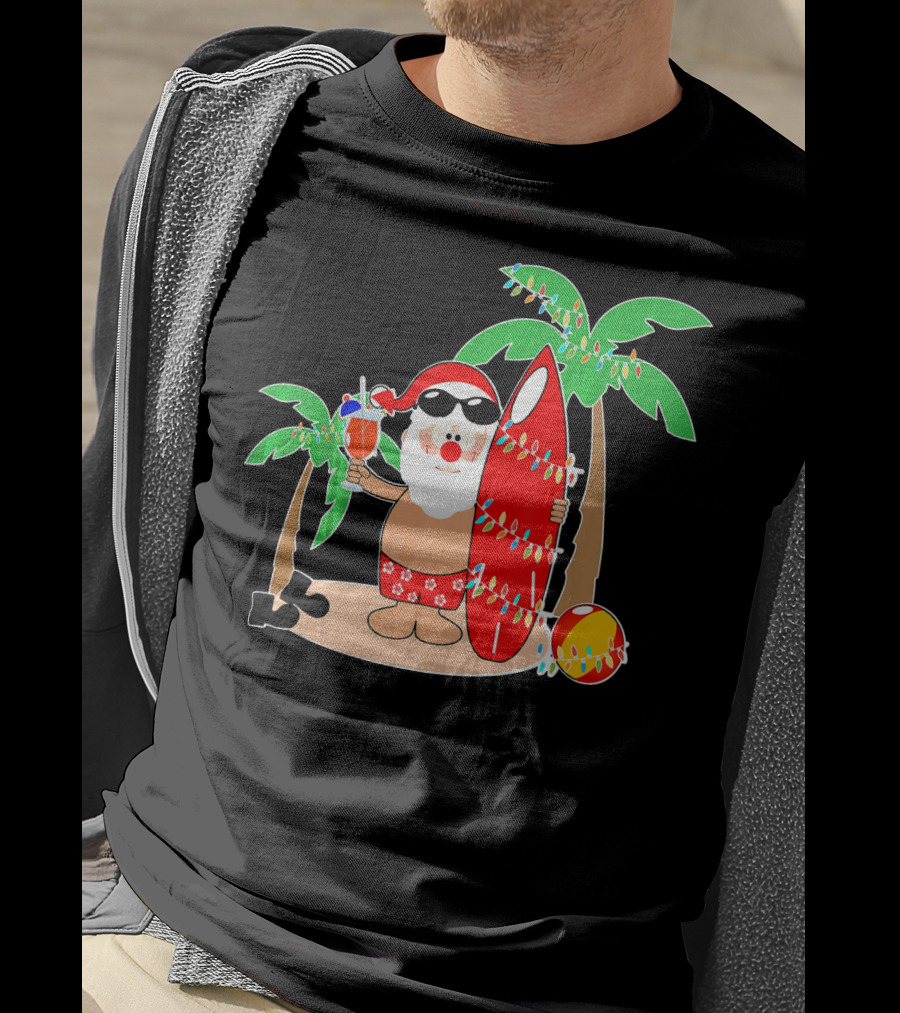 Santa Claus Surfing Hawaiian Summer Palm Trees And Lights T-Shirt