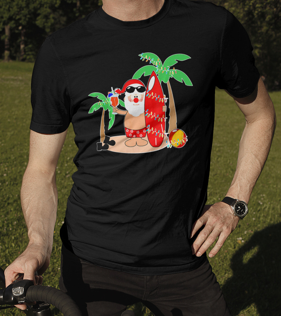 Santa Claus Surfing Hawaiian Summer Palm Trees And Lights T-Shirt