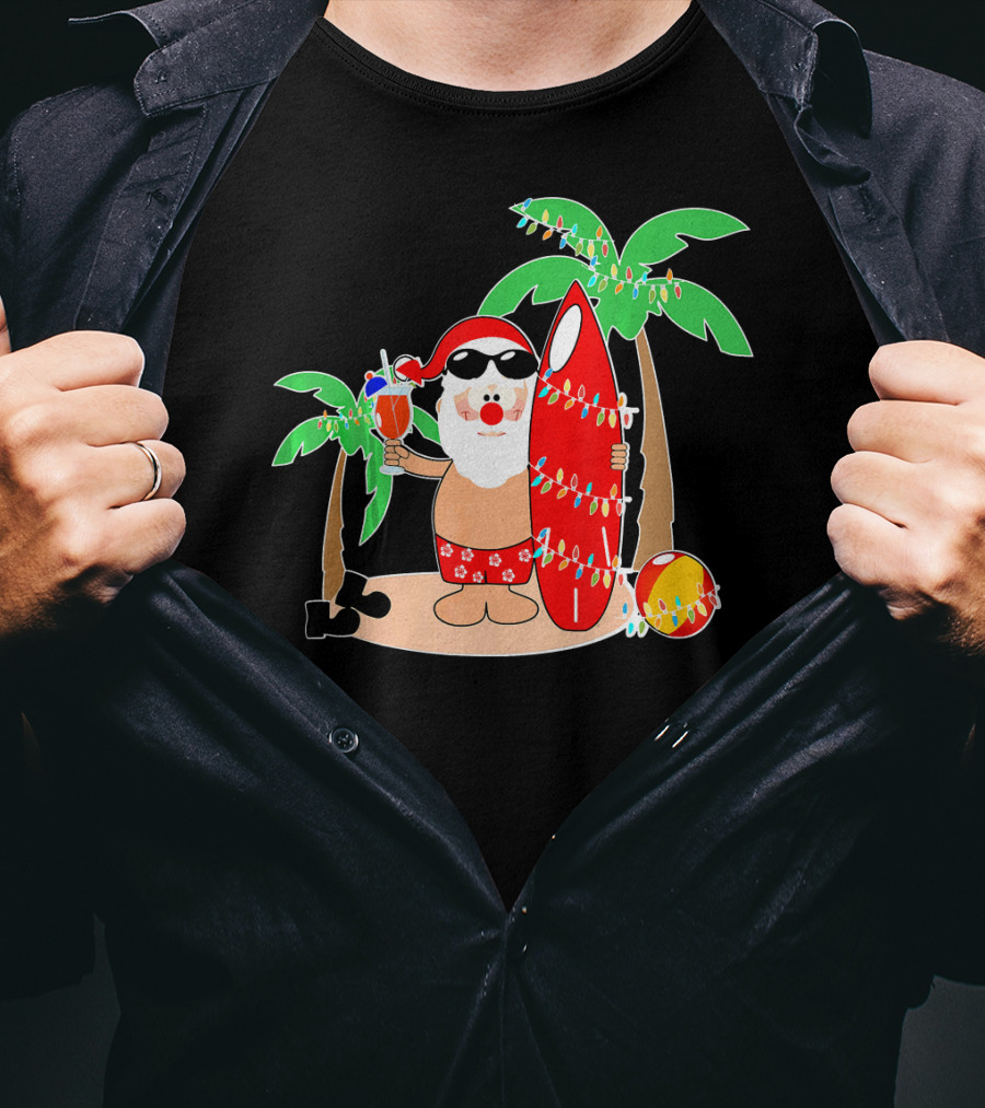 Santa Claus Surfing Hawaiian Summer Palm Trees And Lights T-Shirt