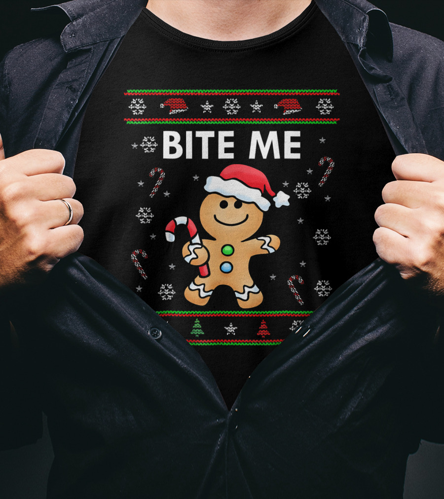 BITE ME Gingerbread Ugly Sweater Style With Santa Hat And Candy Cane T-Shirt