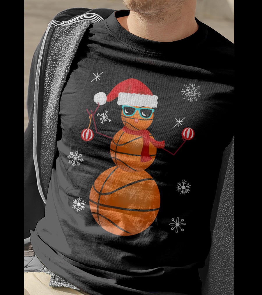 Christmas Basketball Snowman Santa With Sunglasses And Ornaments T-Shirt