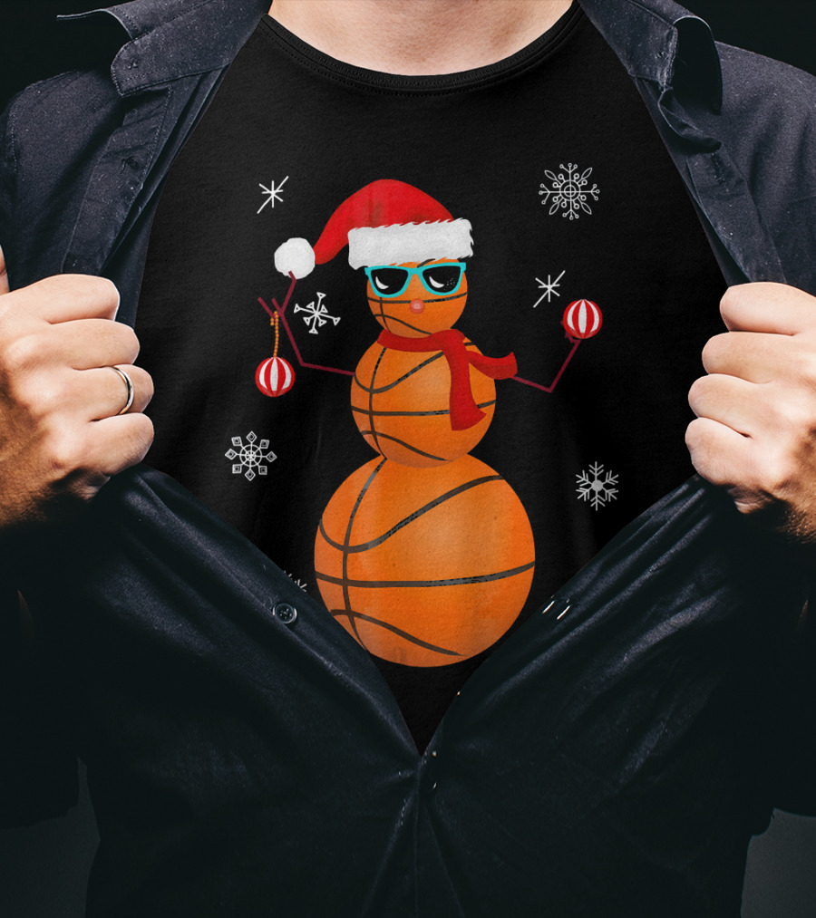 Christmas Basketball Snowman Santa With Sunglasses And Ornaments T-Shirt