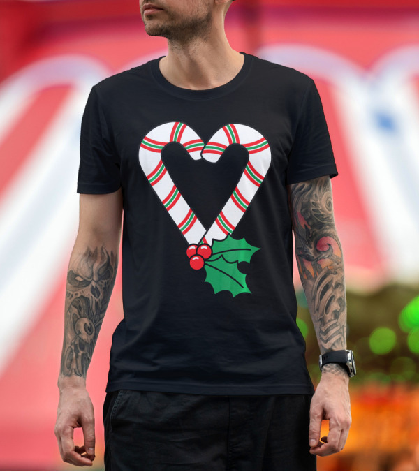 Premium T-Shirt: Christmas Candy Cane Heart Holly Berry T-Shirt Christmas Candy Cane Heart Holly Berry T-Shirt