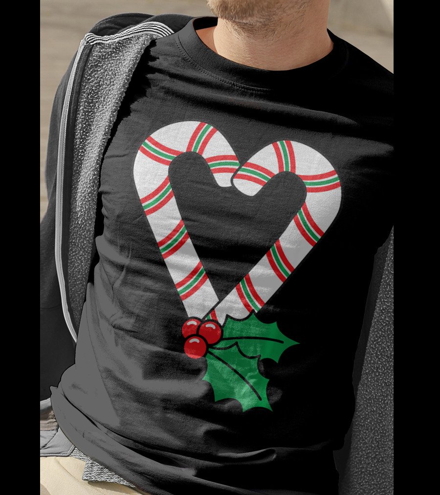 Christmas Candy Cane Heart Holly Berry T-Shirt
