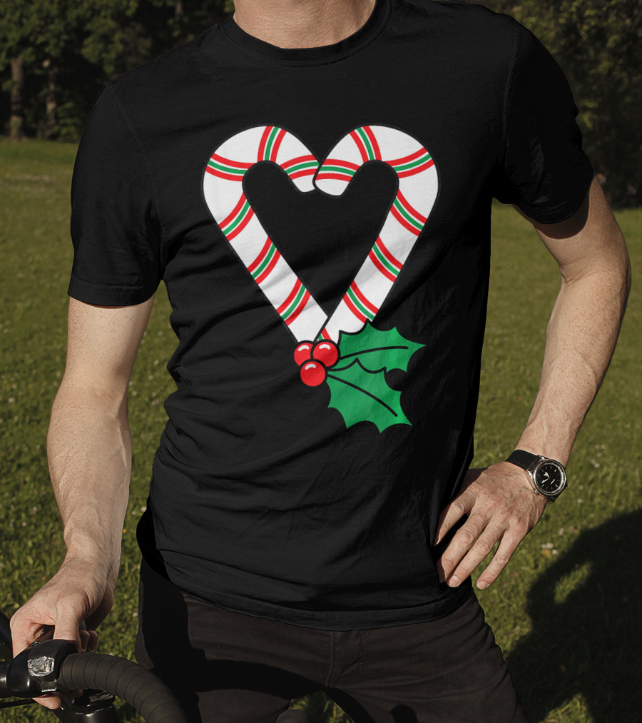 Christmas Candy Cane Heart Holly Berry T-Shirt