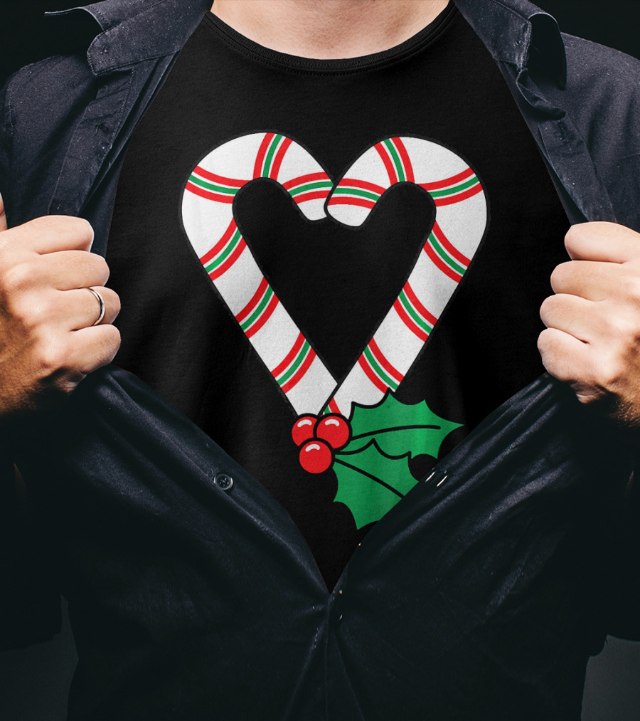 Christmas Candy Cane Heart Holly Berry T-Shirt
