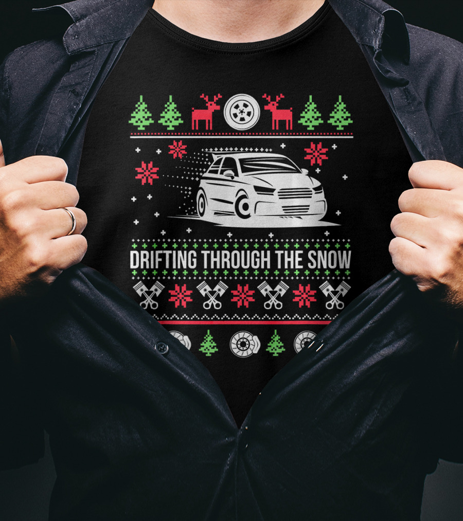 Drifting Through The Snow Christmas Car With Reindeer And Snowflakes T-Shirt